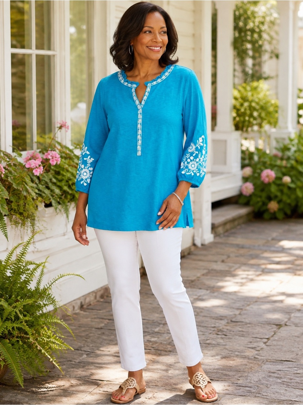 Talbots Turquoise Tunic with White Embroidered Sleeves